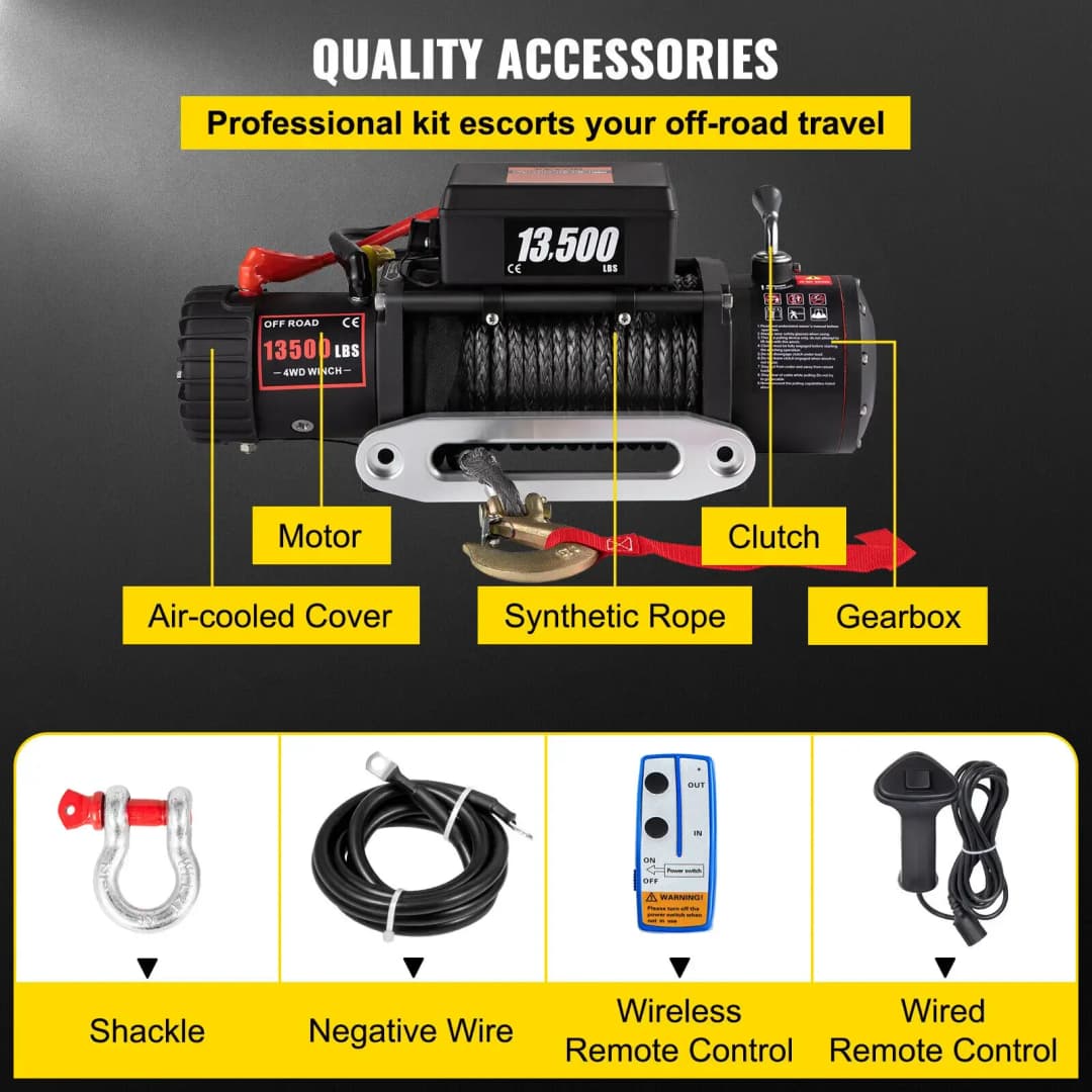 VEVOR Best Price 13500 LBS Electric Winch 12V 6120KG 13500LBS For 4X4 92FT Synthetic Trailer Ropes Towing Strap - 4