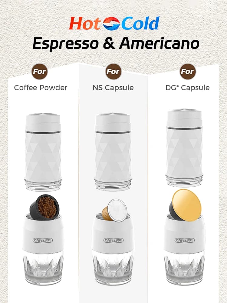 آلة قهوة محمولة 3 في 1 من Cafelffe، صانع إسبريسو يدوي للماء الساخن والبارد، مناسبة للكبسولات والقهوة المطحونة، مثالية للسفر والمشي - 2