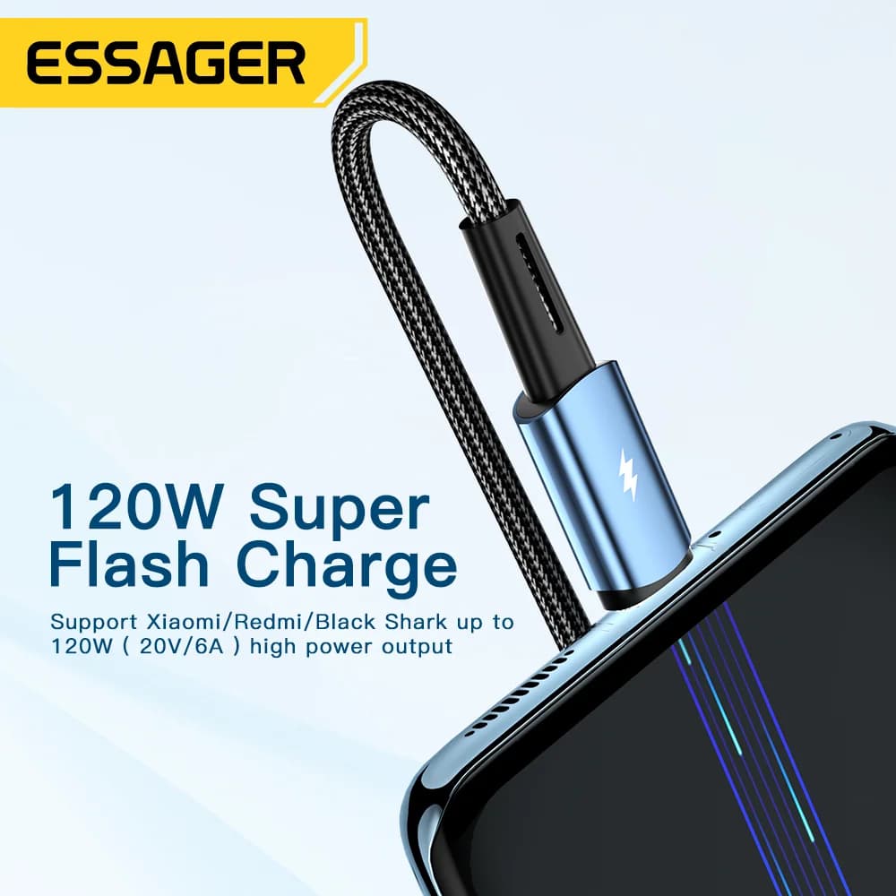 كابل إيساجر بطول 2 متر بقوة 120 واط من نوع USB A إلى Type C للشحن السريع 6A لهواتف شاومي 12 برو ريدمي K50 نوت 11 برو ولهاتف آيفون 16 برو ماكس 15 - 3