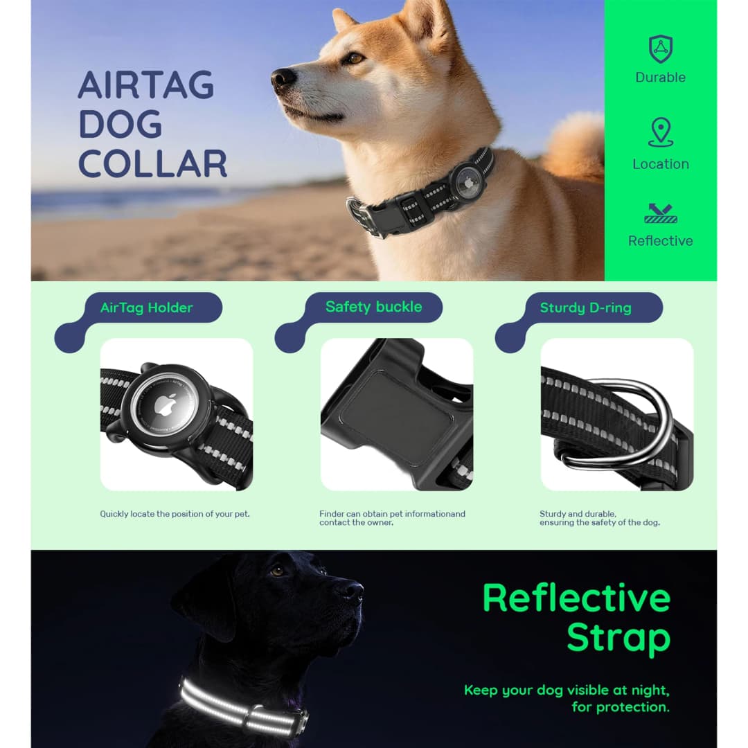 طوق كلب مقاوم للماء مع حامل AirTag، عاكس مبطن ناعم ومشبك أمان، طوق حيوان أليف AirTag قابل للتعديل للكلاب - 6