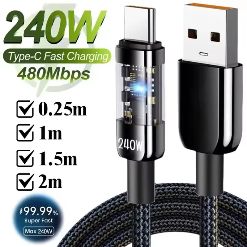 سلك شاحن سريع 240 واط 10 أمبير، كابل USB C نايلون مضفر شفاف نوع C لملحقات هواتف سامسونج وآيفون وشاومي وريدمي