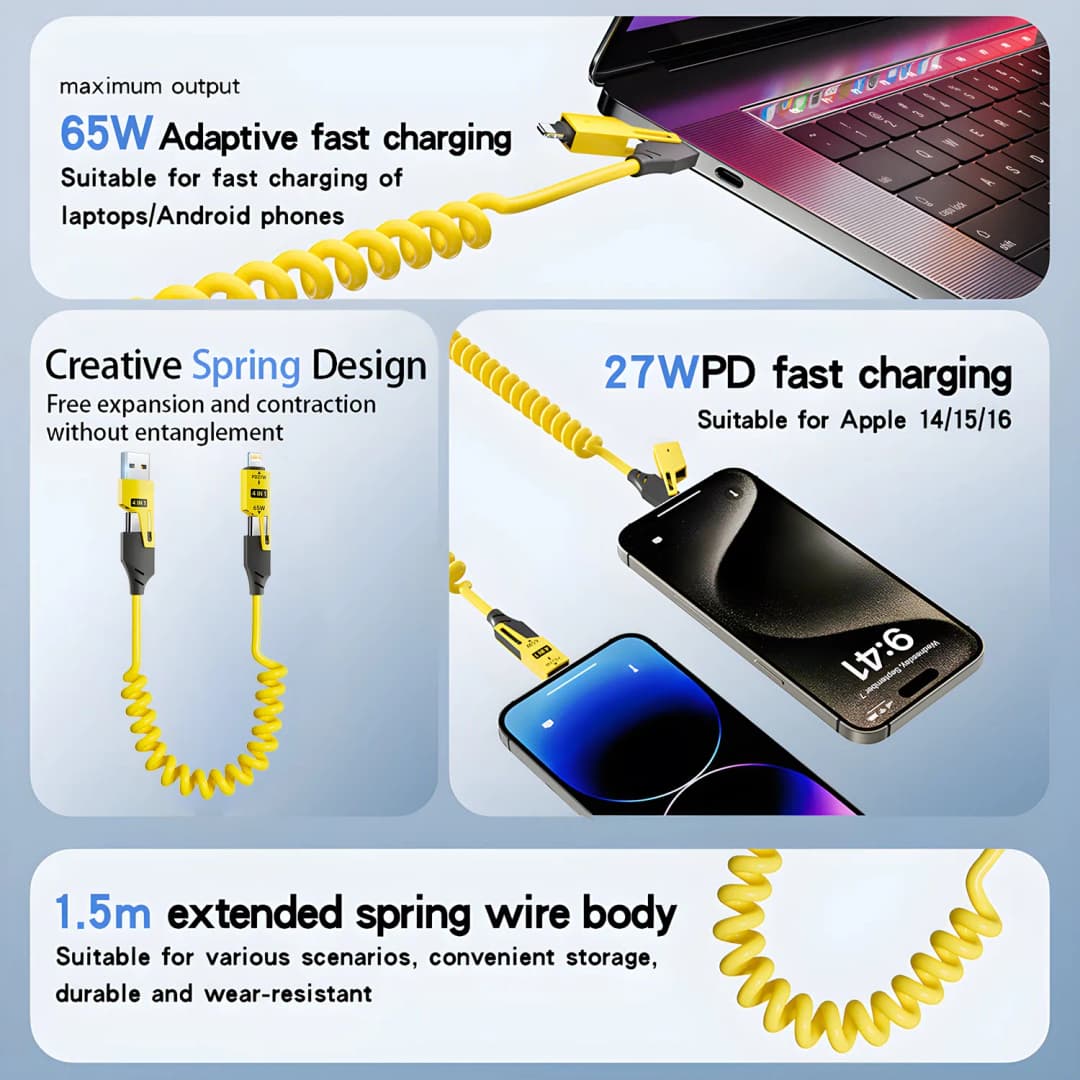 شاحن سريع 65W كابل USB نابض 4 في 1 كابل بيانات نابض 6A USB Type C سلك تلسكوبي نابض لهواتف آيفون آيباد ماك بوك هواوي - 3