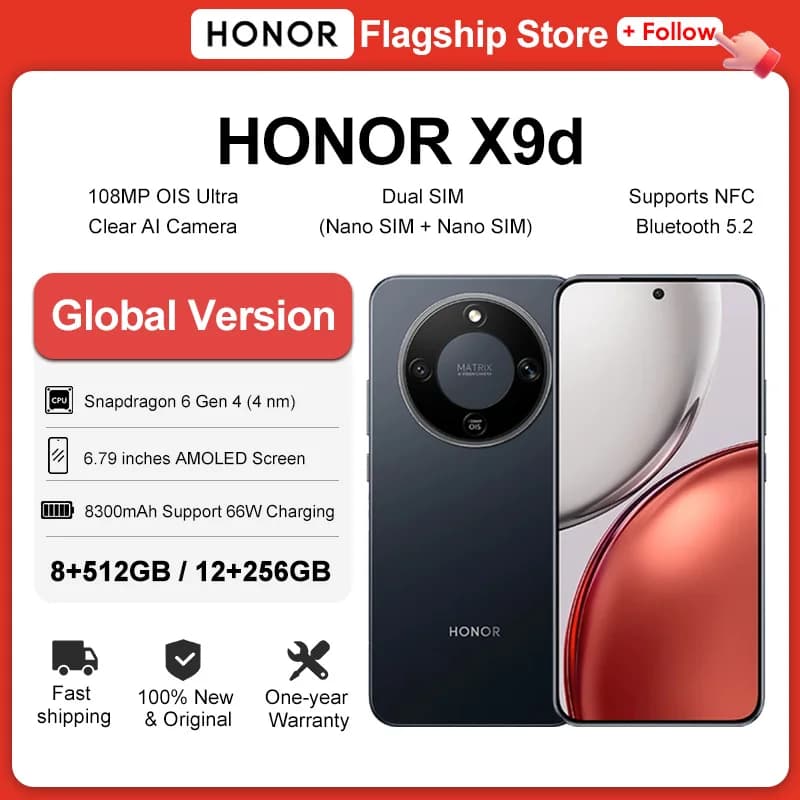 هونر X9d نسخة عالمية شاشة 6.79 بوصة AMOLED كاميرتين ذكاء اصطناعي 108 ميجابكسل بطارية 8300 مللي أمبير دعم شحن سريع 66 واط أندرويد 15 شريحتين