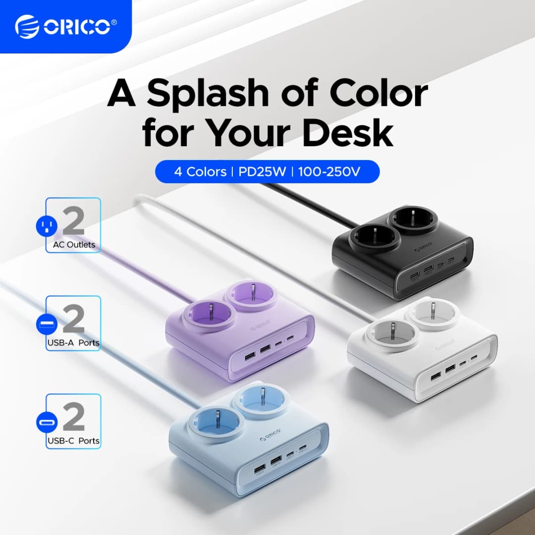 ORICO شريط طاقة مكتبي PD25W مع منفذين Type-C ومخرجين التيار المتردد ومنفذين USB-A محطة شحن للهواتف والإلكترونيات