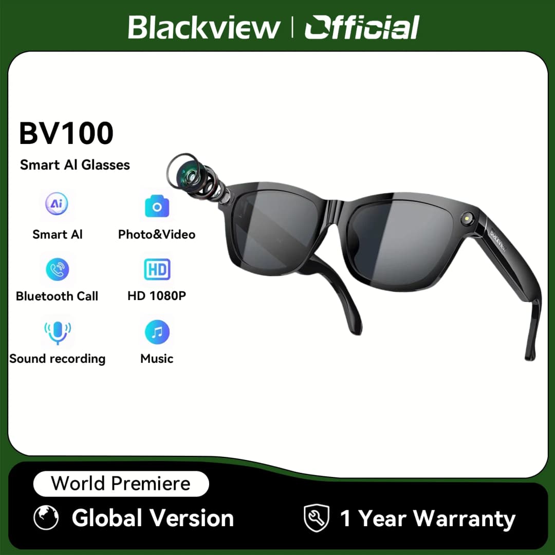 نظارات بلاكفيو الذكية BV100، كاميرا HD، بلوتوث 5.4، بطارية 220 مللي أمبير، مكبرات صوت ستيريو بجهير، ميكروفون إلغاء الضوضاء، كشف الارتداء