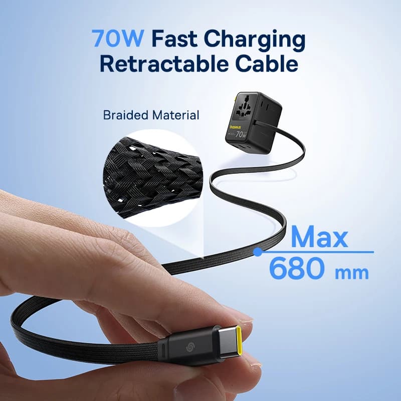 شاحن Baseus GaN محول سفر عالمي كابل قابل للسحب مدمج 70W 2AC 2 USB-A Type-C شحن سريع EU/UK/USA/AUS - 4