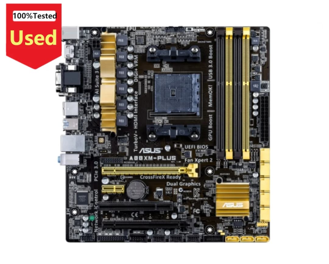 لوحة أم ASUS Socket FM2/FM2+ A88XM-PLUS، تدعم معالجات AMD A10، ذاكرة DDR3 حتى 64 جيجابايت، منفذ PCI-E 3.0، متوافقة مع HDMI، مستعملة