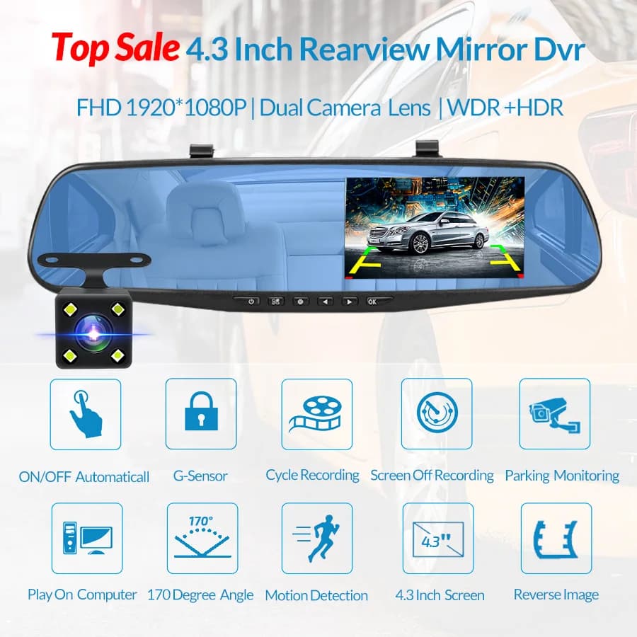 E-ACE داشكام، سيارة DVR بشاشة 4.3 بوصة، مرآة FHD 1080P، كاميرا بعدسة مزدوجة اختيارية، مرآة رؤية خلفية، داش كاميرا، مسجل فيديو للسيارات - 2