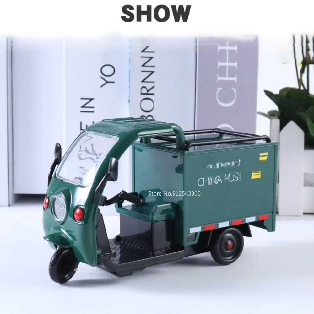 1/32 Scale Express Delivery Tricycle Model Car Toy Steerable Front Wheels Sound Light Pull Back Vehicle Models Gifts for Kids - 6