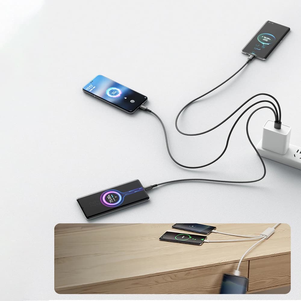كابل 3 في 1، USB إلى 3×Type-C، 100 واط 6A، شحن سريع لسامسونج S24 وشاومي وهواوي وهواتف أندرويد، نقل بيانات عالي السرعة USB C - 6