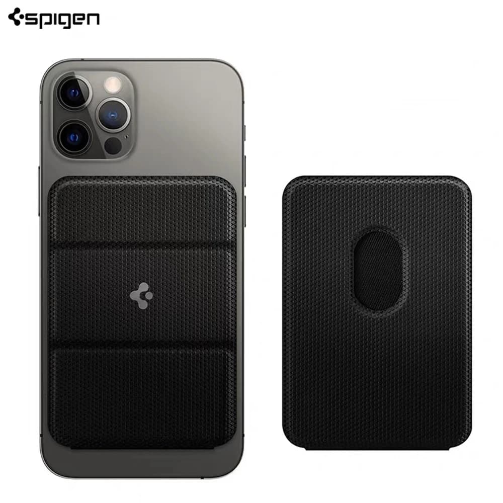 حامل بطاقات Spigen قابل للطي مغناطيسي من الجلد لهواتف iPhone 17 16 15 Pro Max حامل متعدد الوظائف للهاتف