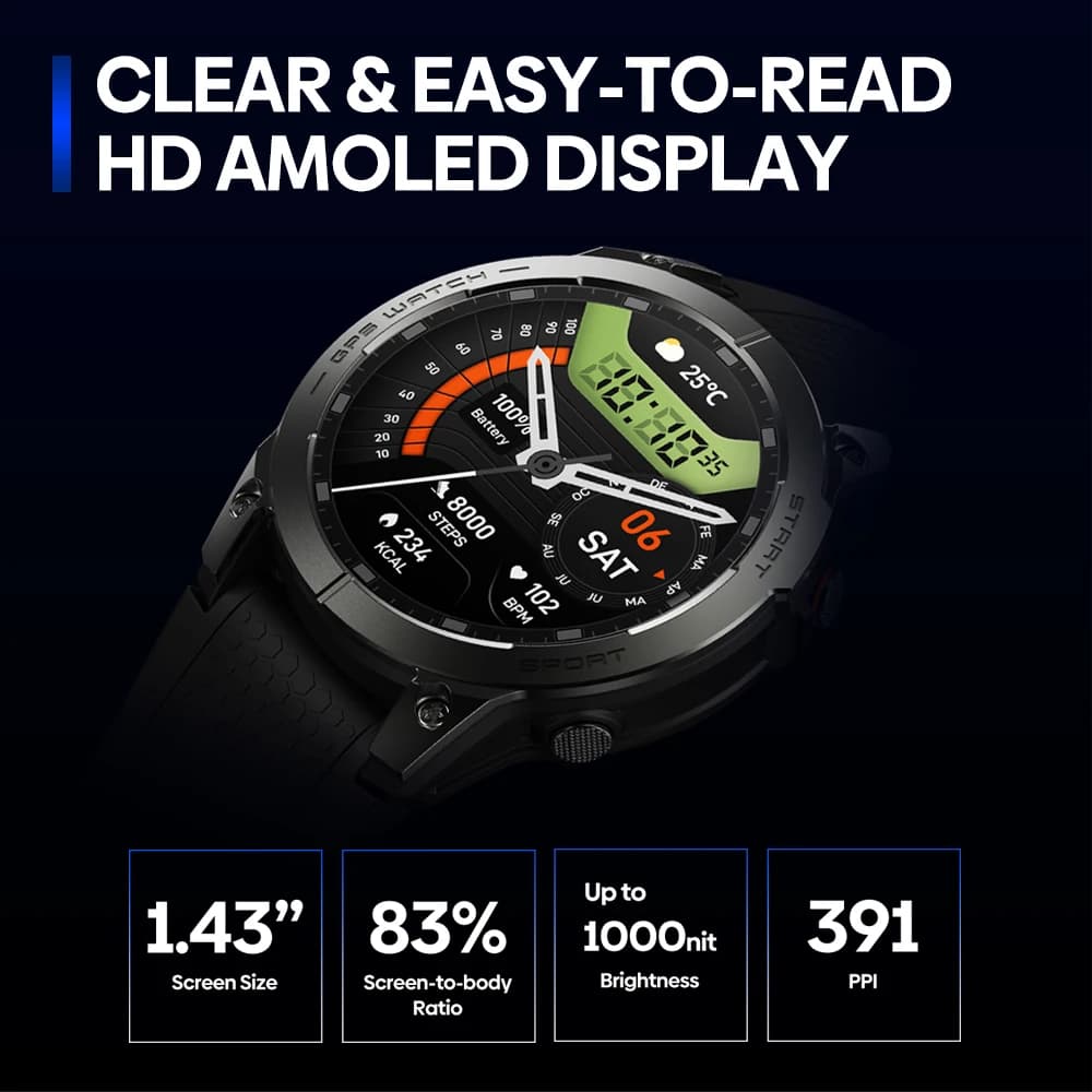 ساعة Zeblaze Stratos 3 PRO الذكية بنظام تحديد المواقع العالمي (GPS) وشاشة AMOLED مقاس 1.43 بوصة ومكالمات هاتفية عبر البلوتوث ومراقبة الصحة وساعة رياضية لعرض المسار الرياضي - 3