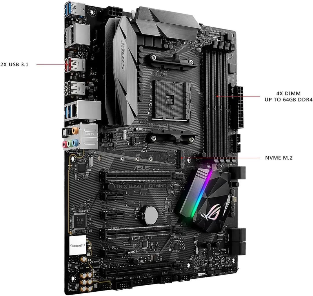 لوحة أم لألعاب ASUS ROG STRIX B350-F مع معالج AMD B350 وذاكرة DDR4 بسعة 64 جيجابايت وسرعة 3200 ميجاهرتز، تدعم معالجات 5600 و2600 و2700 و3500 و5700 و3900 و1700، مع منفذ M.2 وحجم ATX - 3