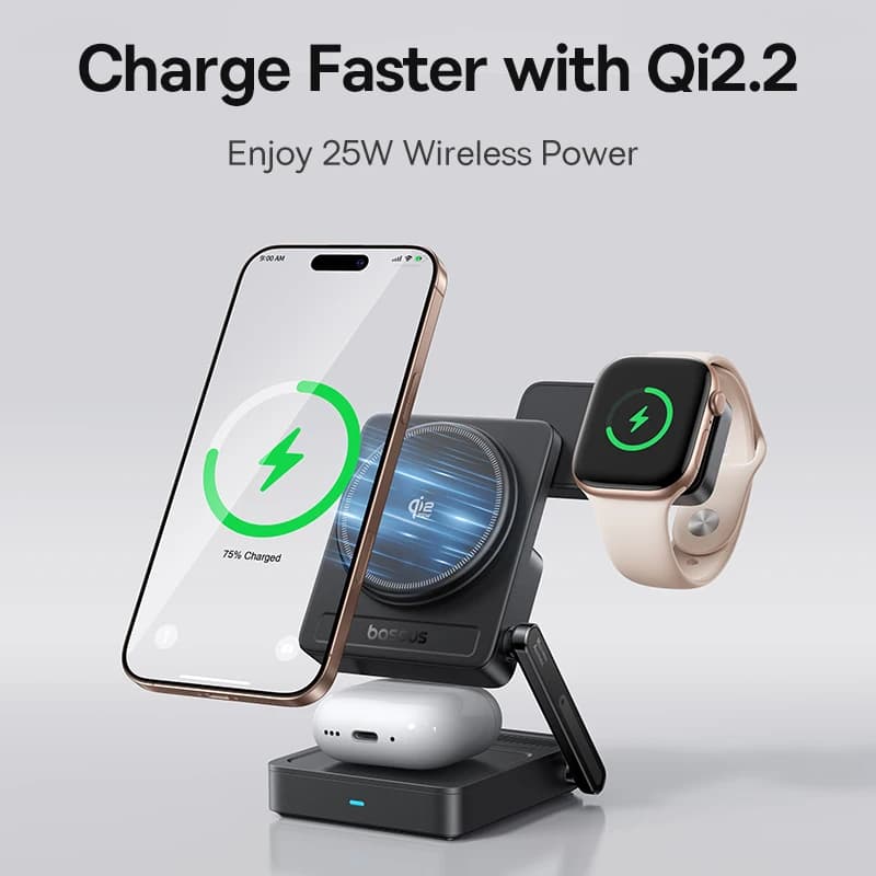 Baseus 3 in 1 Magnetic Wireless Charger Qi2.2 25W Fast Charging For iPhone 17 16 15 14 Apple Watch Earbuds AirPods Pro iWatch - 2