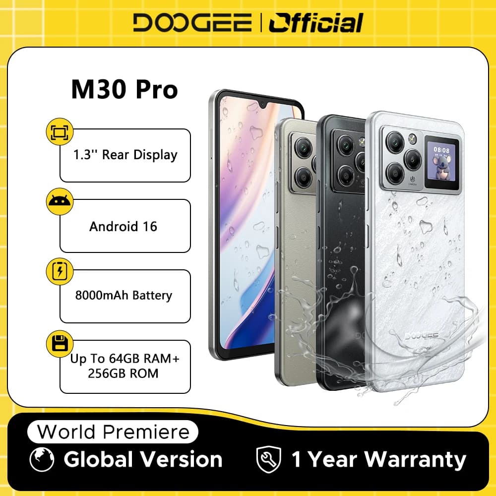 هاتف DOOGEE M30 Pro الذكي بشاشة خلفية 1.3 بوصة وبطارية 8000 مللي أمبير وشاشة 6.88 بوصة وذاكرة رام 64 جيجابايت (8 جيجابايت + 56 جيجابايت) وذاكرة داخلية 256 جيجابايت ونظام أندرويد 16 وتقنية NFC