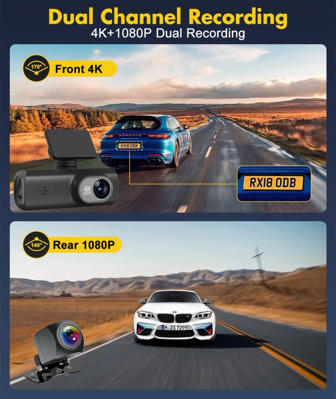 كاميرا سيارة Soam بدقة 4K+1080P، مسجل كاميرا مزدوج القناة مع GPS وWiFi، مسجل سيارة DVR، مراقبة وقوف السيارات 24 ساعة، صندوق أسود - 4