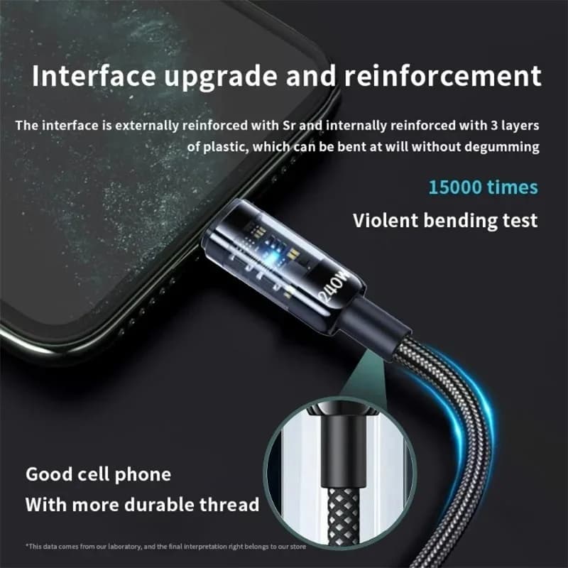 سلك شاحن سريع 240 واط 10 أمبير، كابل USB C نايلون مضفر شفاف نوع C لملحقات هواتف سامسونج وآيفون وشاومي وريدمي - 3