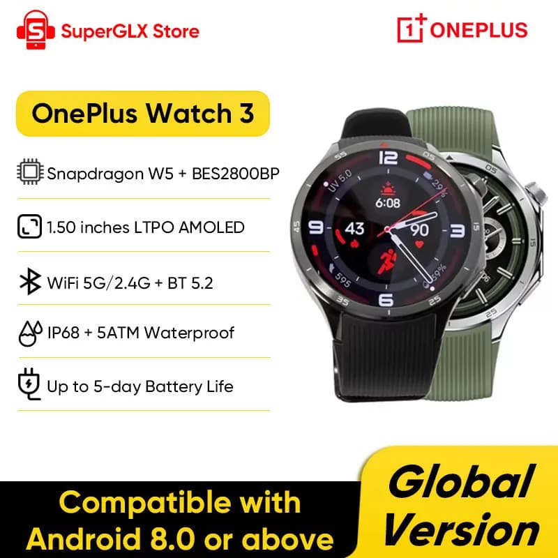 2025 New OnePlus Watch 3 Global Version Smart Watch 1.50 inches AMOLED 32GB Memory Snapdragon W5 Wear OS by Google NFC IP68 5ATM
