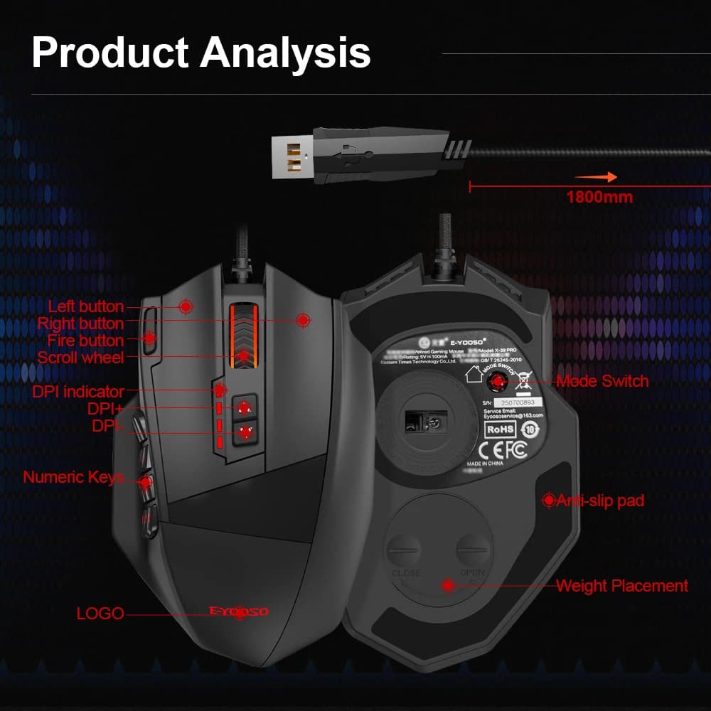 ماوس ألعاب E-YOOSO X-39 سلكي USB مع إضاءة RGB، 24000 DPI، 19 زر قابل للبرمجة، ماوس بصري للكمبيوتر واللاب توب - 5