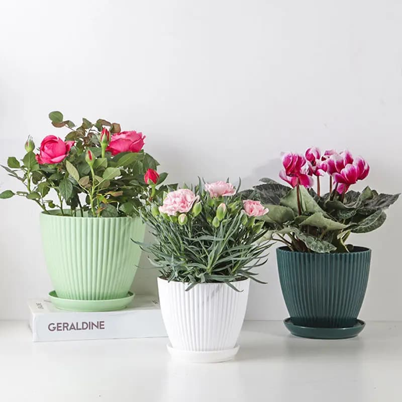 Flower Pot Round Planters Succulents Plant Pot with Tray Office Desktop Balcony Home Garden Decoration Outdoor Potted 5 Sizes - 3