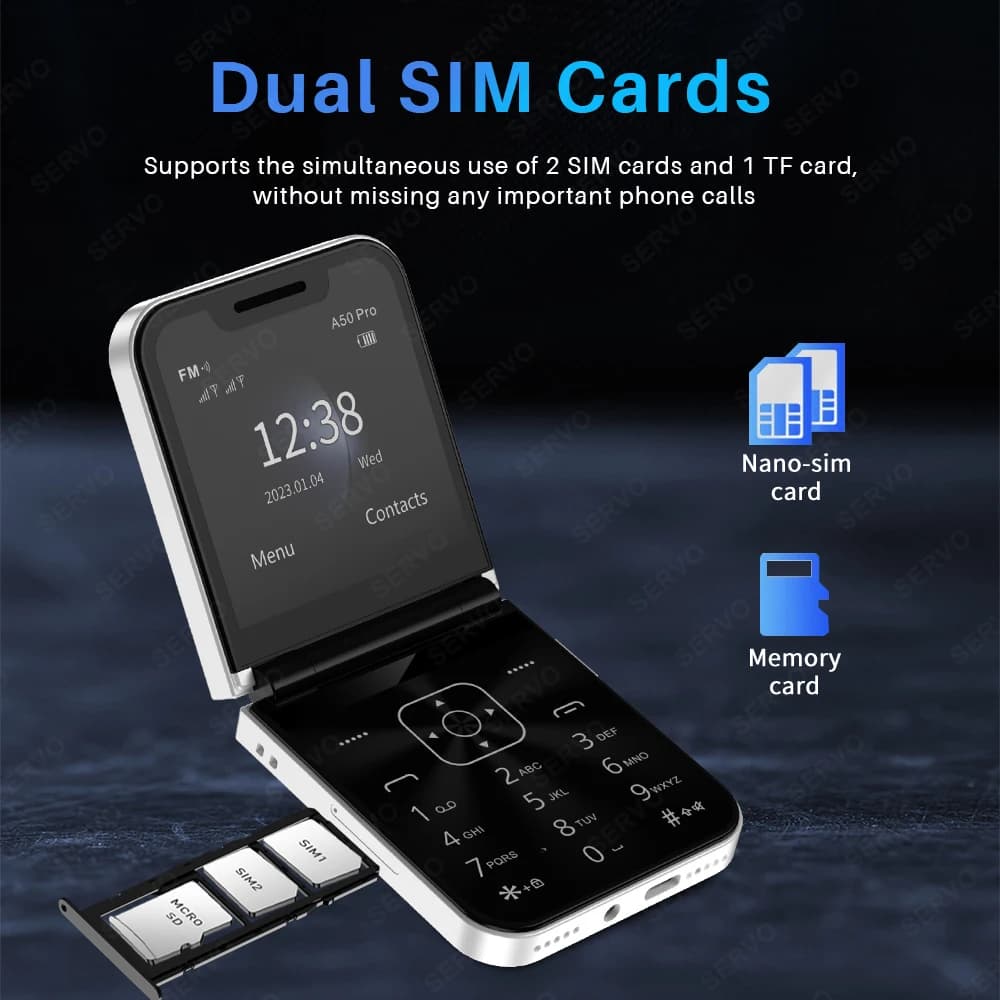 هاتف SERVO A50 Pro قابل للطي بشريحتين GSM كشاف كهربائي تسجيل مكالمات تلقائي شاشة 2.4 بوصة هواتف محمولة قابلة للطي Type-C - 2