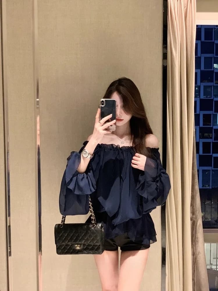 White One-Shoulder Long-Sleeve Chiffon Shirt Women's Summer High-End Pure Desire Unique Beautiful Top French Style Loose Fit - 4