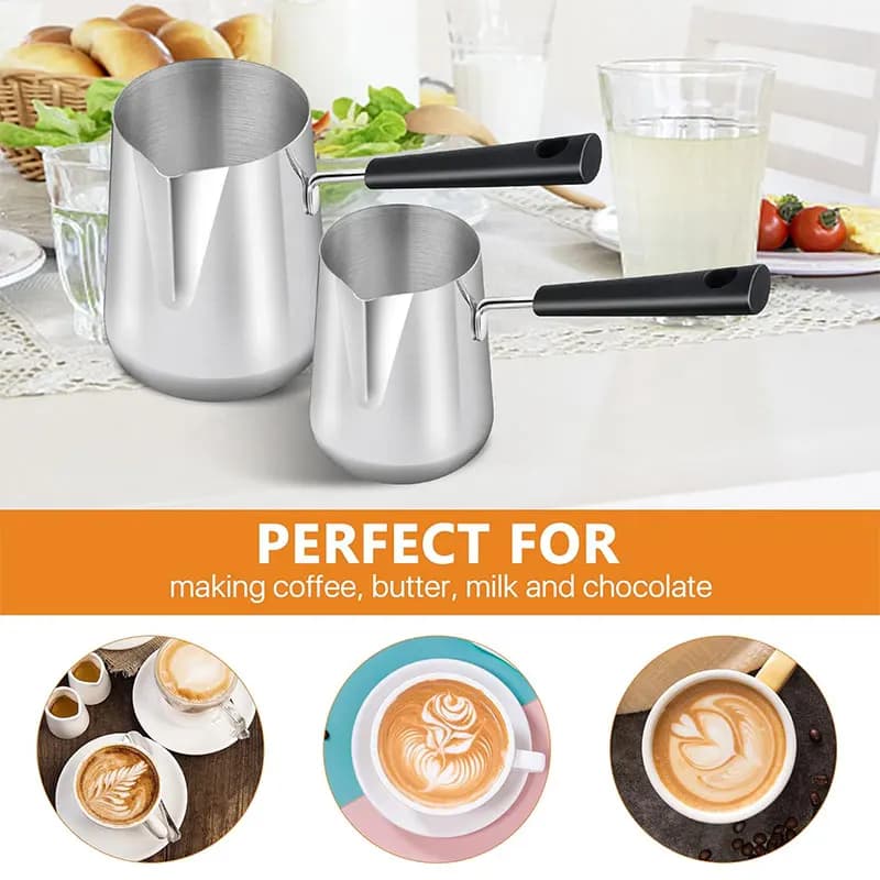 Long Handle Turkish Coffee Pot with Pouring Spout Stainless Steel Milk Butter Warmer Pot Stovetop Chocolate Melting Pan - 4