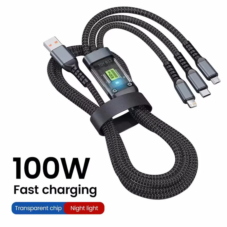 كابل شحن فائق السرعة شفاف 100 واط 3 في 1 مصباح طيار عالمي 6A مع نوع C وUsb Micro لهاتف Iphone وXiaomi وSamsung وHuawei
