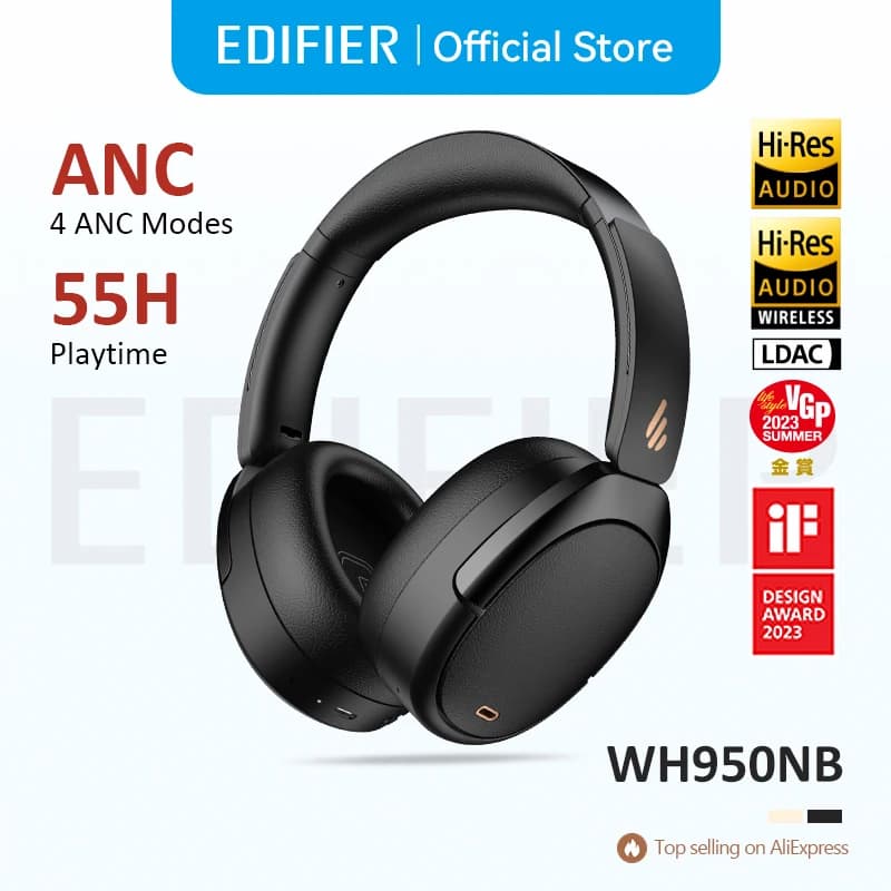 سماعات الرأس اللاسلكية Edifier WH950NB مع إلغاء الضوضاء النشط، بلوتوث 5.4، صوت عالي الدقة، تشغيل حتى 80 ساعة، 4 ميكروفونات