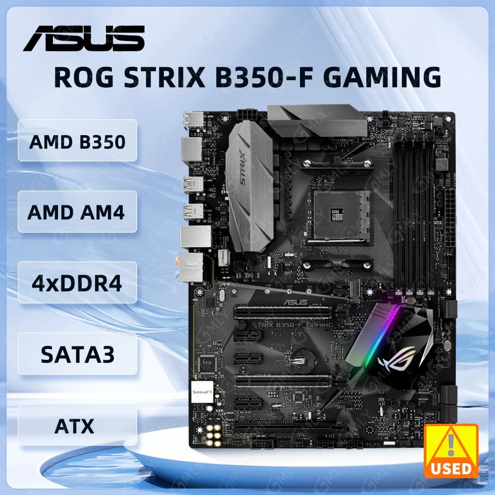 لوحة أم لألعاب ASUS ROG STRIX B350-F مع معالج AMD B350 وذاكرة DDR4 بسعة 64 جيجابايت وسرعة 3200 ميجاهرتز، تدعم معالجات 5600 و2600 و2700 و3500 و5700 و3900 و1700، مع منفذ M.2 وحجم ATX