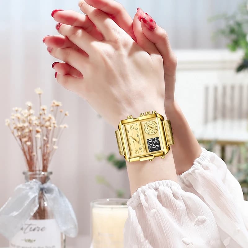 LIGE 2024 Fashion Dual Display Watch Women Top Brand Luxury Creative Square Watches Ladies Casual Gold Watch Relogio Feminino - 5