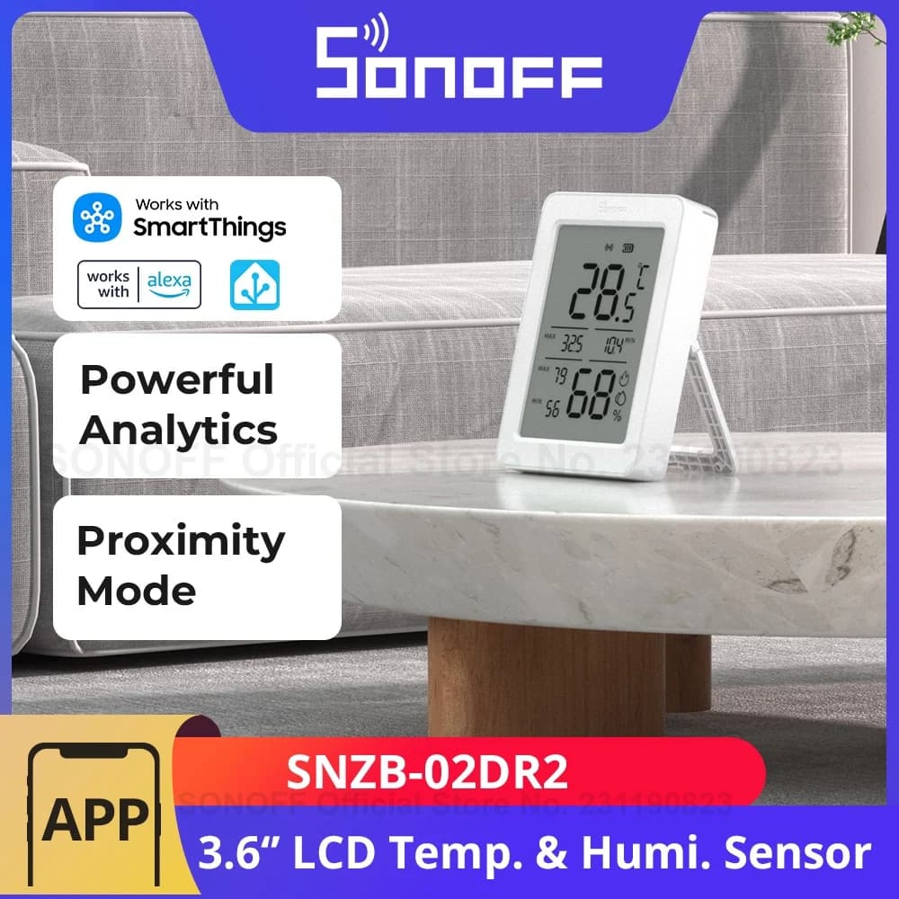 مستشعر درجة الحرارة والرطوبة SONOFF AirGuard TH بشاشة LCD 3.6 بوصة، Zigbee، مراقبة عبر التطبيق، تحليل متقدم، تتبع أقصى القيم على مدار 24 ساعة