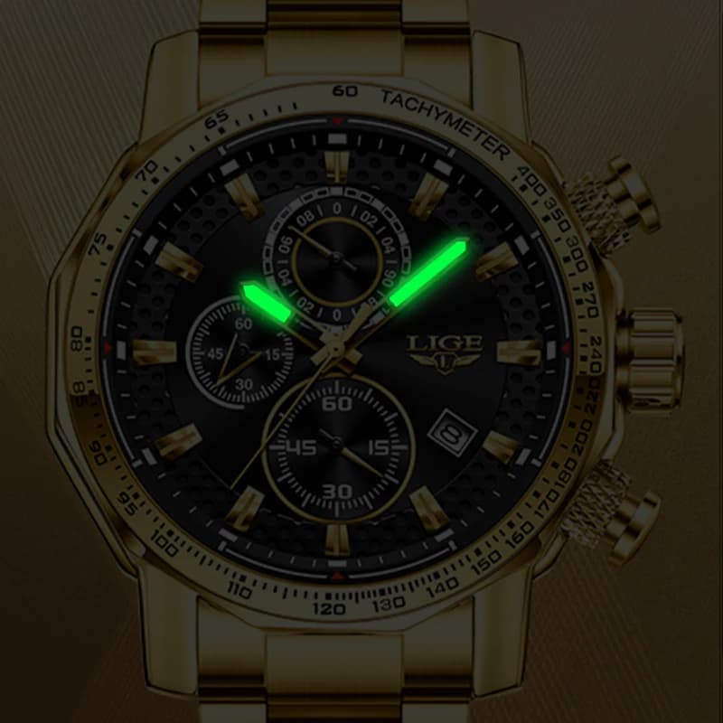LIGE New Gold Quartz Watches For Men Military Sport Waterproof Big Dial Watch Men Fashion Business Date Chronograph Montre Homme - 4
