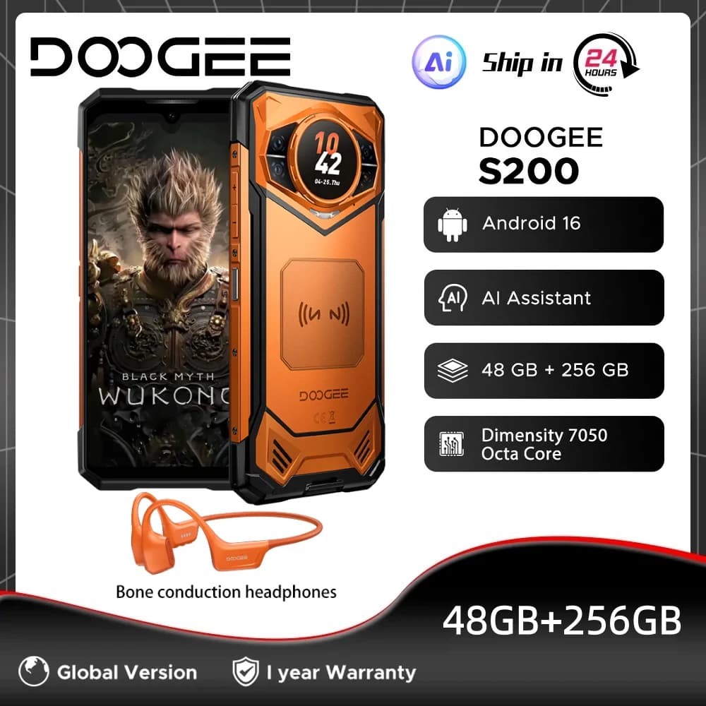 هاتف DOOGEE S200 القوي الإصدار العالمي - ذاكرة 48 جيجابايت + 256 جيجابايت، شاشة 6.72 بوصة بمعدل تحديث 120 هرتز، شاشة خلفية 1.32 بوصة، معالج Dimensity 7050، كاميرا 100 ميجابكسل، بطارية 10100 مللي أمبير، NFC