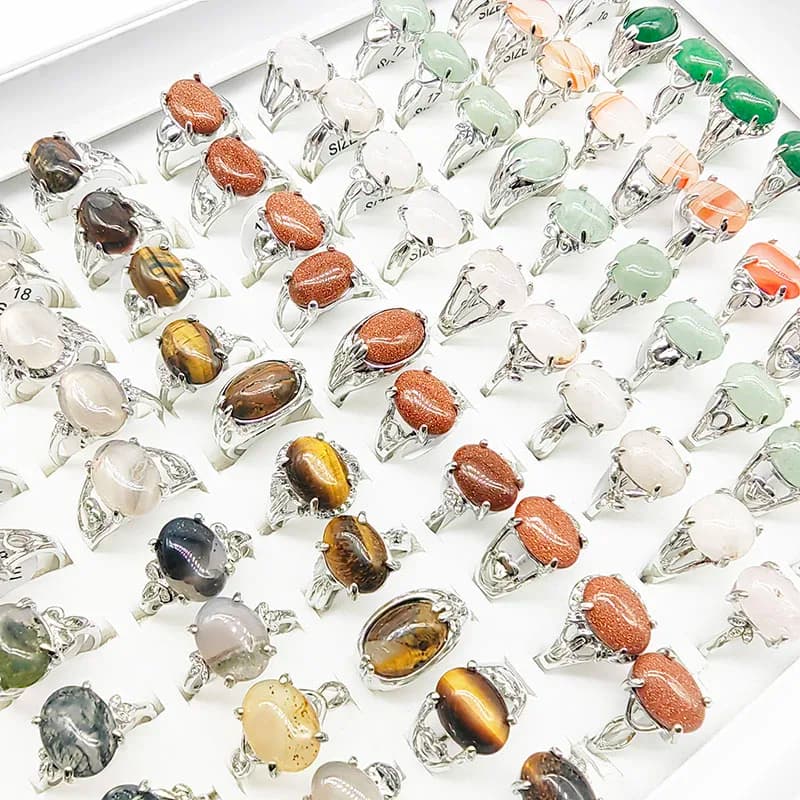 20pcs/Lot Wholesale Mix Style Natural Stone Finger Rings For Women Luxury Red Agate Fashion HOT Blue Sandstone Jewelry Gift Girl