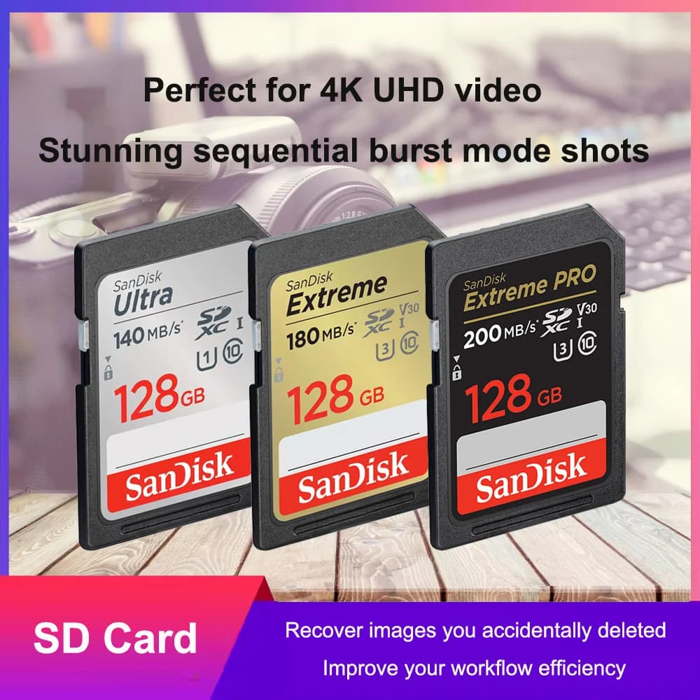بطاقة SanDisk Ultra/Extreme/Extreme PRO SD 32 جيجابايت SDHC UHS-I 64 جيجابايت/128 جيجابايت 256 جيجابايت SDXC UHS-I بطاقة SD كاملة الحجم للكاميرا فيديو Full HD