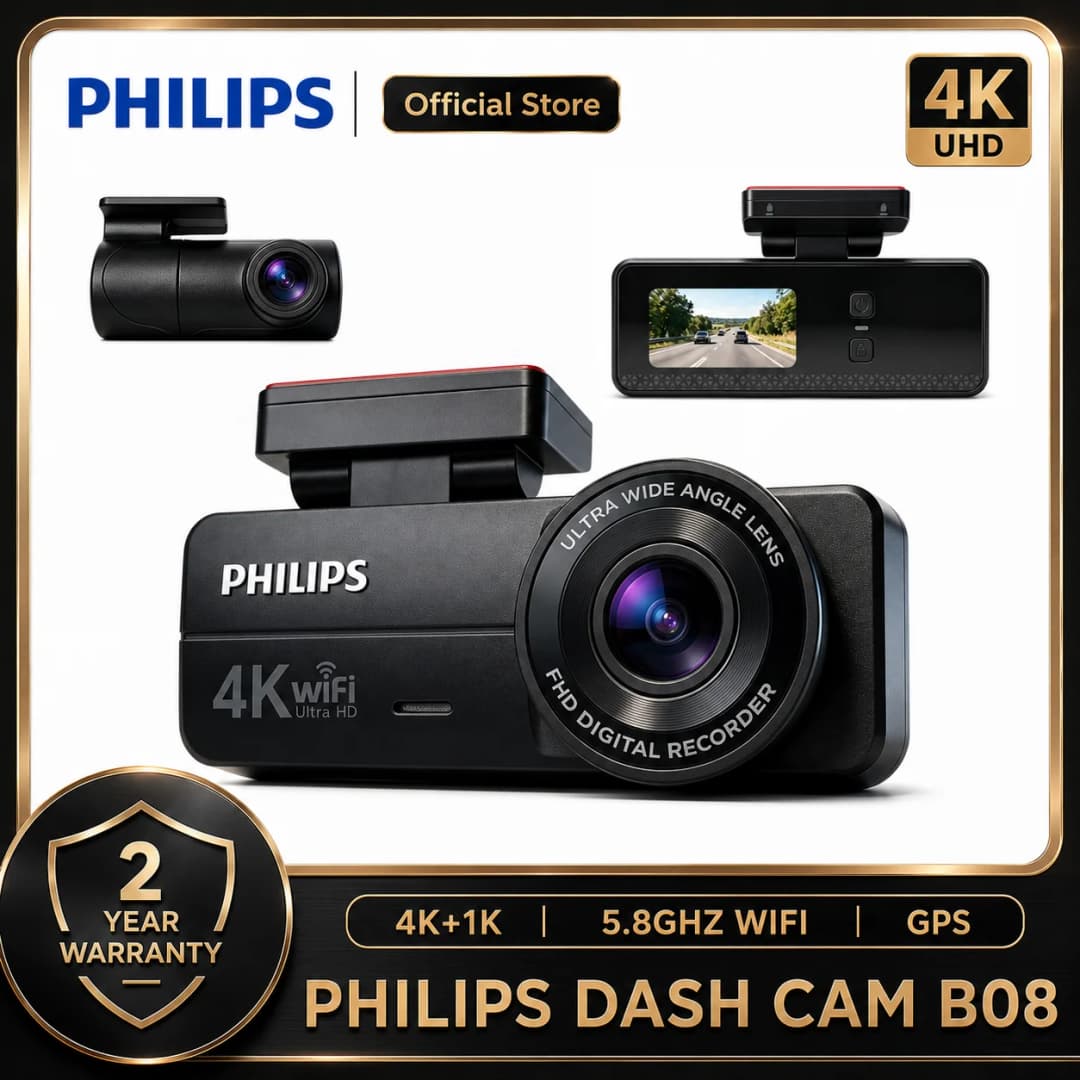 كاميرا سيارة PHILIPS B08 بدقة 4K+1K HDR، كاميرا أمامية وخلفية، شاشة IPS 1.57 بوصة، واي فاي 2.4G و5.8G، تطبيق GPS، مراقبة وقوف السيارات 24 ساعة