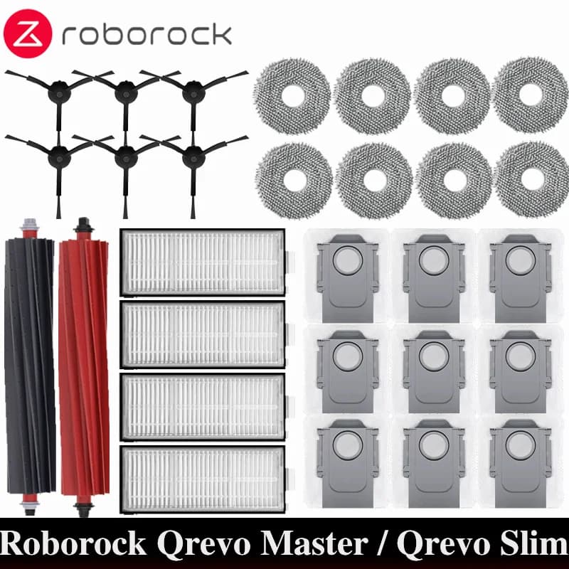 إكسسوارات Roborock Qrevo Master / Qrevo Slim لجهاز تنظيف الروبوت وفرشاة جانبية رئيسية وفلتر Hepa ومناديل تنظيف وكيس غبار وقطع غيار
