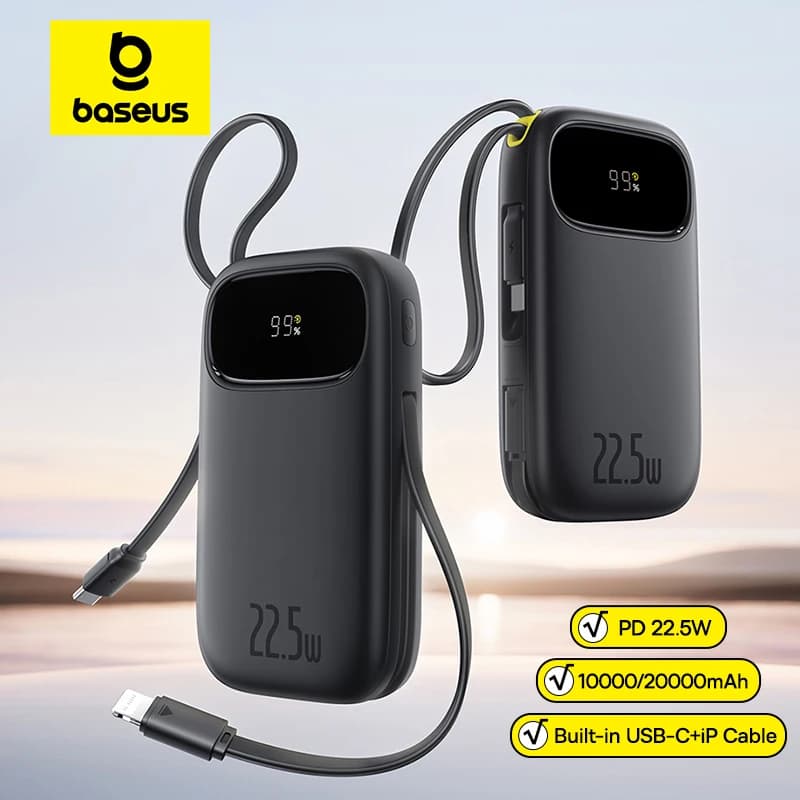 بايوس 22.5 واط 10000 مللي أمبير 20000 مللي أمبير بنك طاقة مدمج بكابل قابل للسحب USB-C و Lightning لهاتف آيفون 16 سامسونج S25 شاومي بوكو