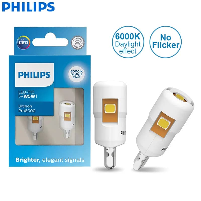 مصابيح داخلية للسيارة Philips LED T10 W5W Ultinon Pro6000، 4000K و6000K، بيضاء ساطعة، إشارة دوران بدون وميض أو أخطاء، زوج - 4