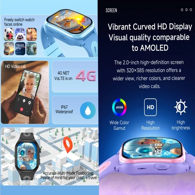 ساعة ذكية للأطفال 4G مع نظام تحديد المواقع GPS وواي فاي ومكالمات الفيديو وتطبيق للتنزيل ومكالمات الطوارئ SOS، ساعة ذكية للأطفال، مراقبة وتتبع الموقع، هدية للأولاد والبنات - 4