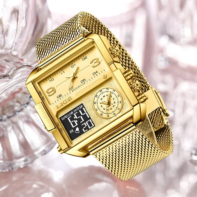 LIGE 2024 Fashion Dual Display Watch Women Top Brand Luxury Creative Square Watches Ladies Casual Gold Watch Relogio Feminino - 2