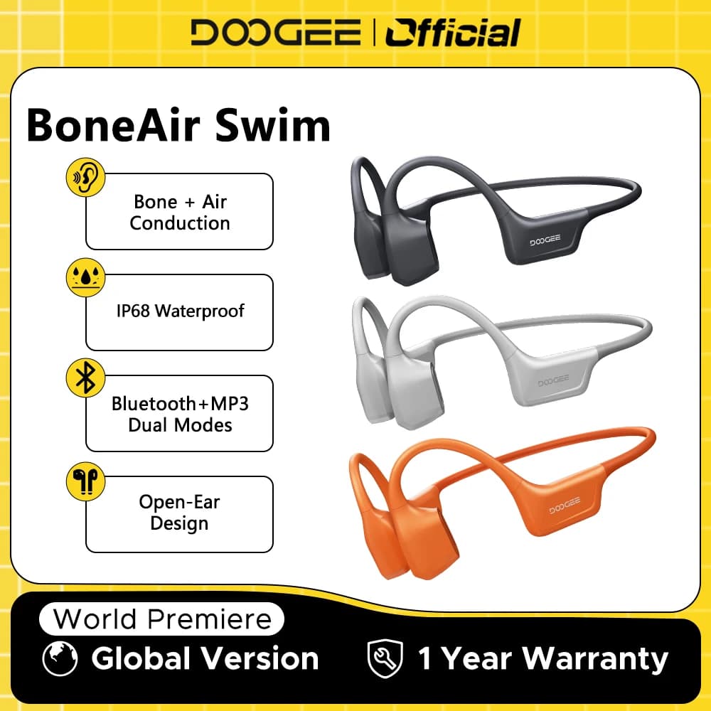 سماعات DOOGEE BoneAir للسباحة بنقل العظام بلوتوث 5.4 خطافات أذن لاسلكية مقاومة للماء لرياضة الهواء الطلق