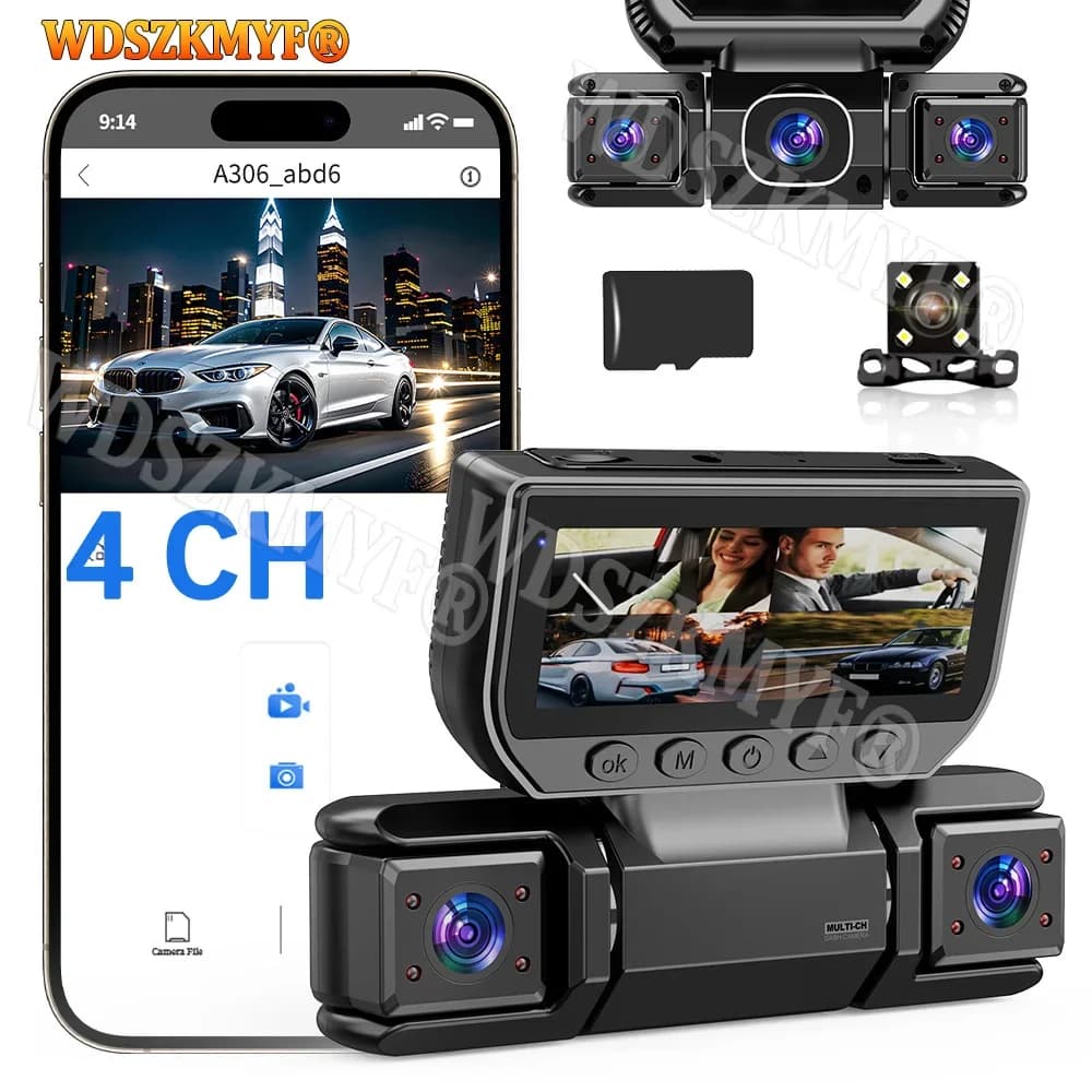 4 كاميرا 360 درجة جهاز تسجيل فيديو رقمي للسيارات 1080P مسجل فيديو واي فاي داش كام الجبهة اليمنى اليسرى كاميرا الرؤية الخلفية 24 ساعة شاشة ركن السيارة هدية