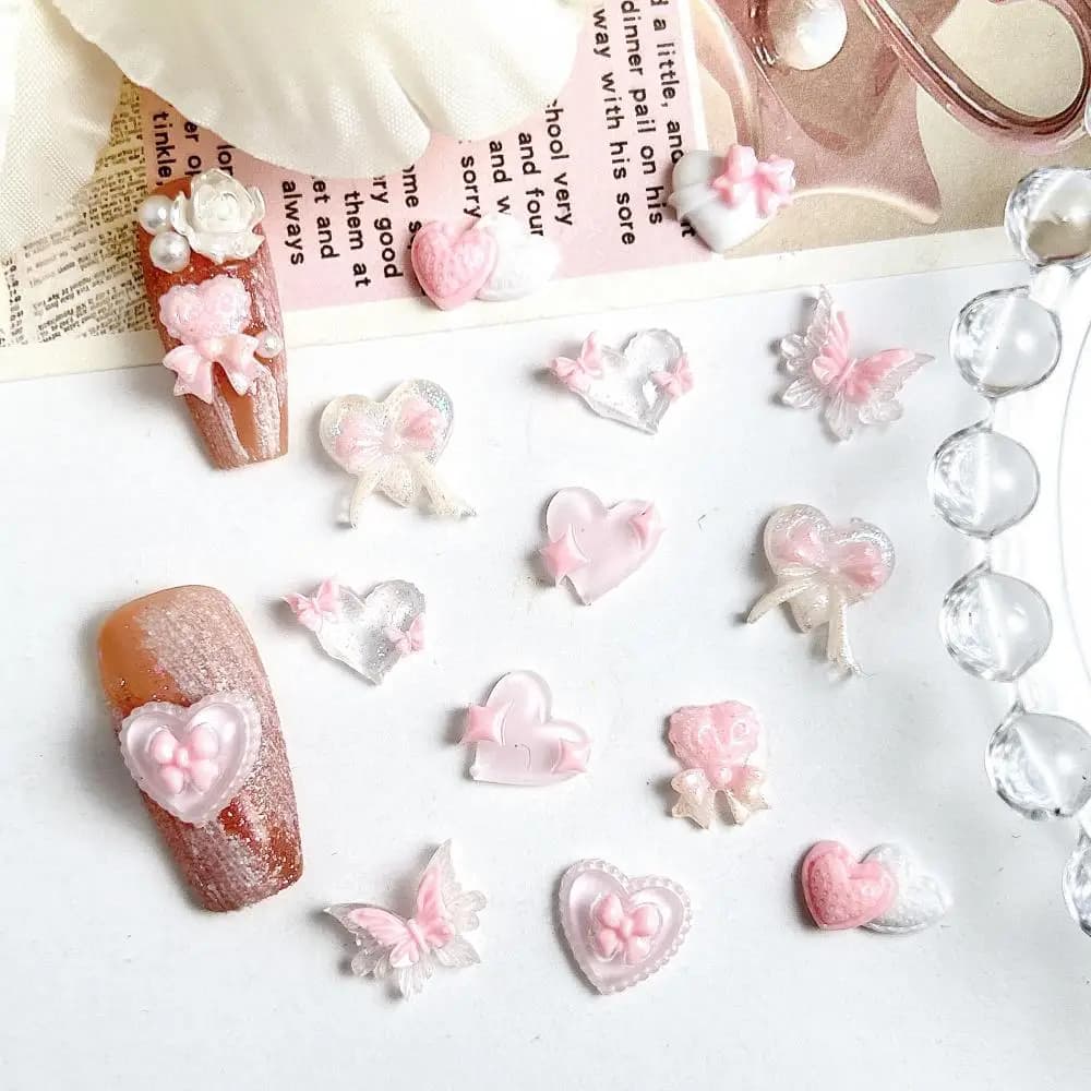 New Pink Series Bow Heart Resin Nail Charms 3D Luminous Double Butterfly Peach Heart Sweet Wind Nail Art Decorations DIY Nails - 4
