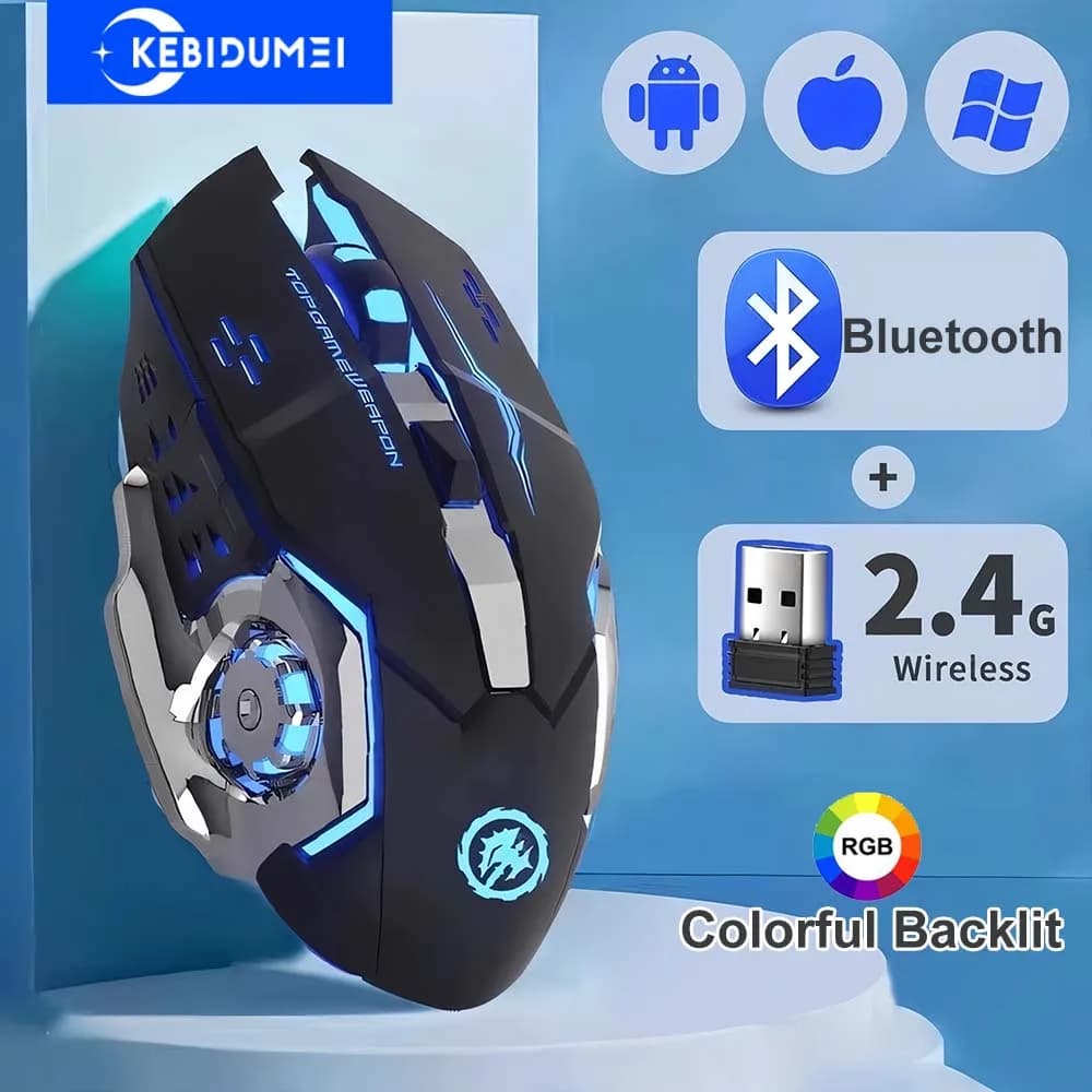 ماوس لاسلكي 2.4 جيجاهرتز بلوتوث بإضاءة RGB، ماوس ألعاب قابل للشحن صامت 3600 DPI لماك بوك لابتوب