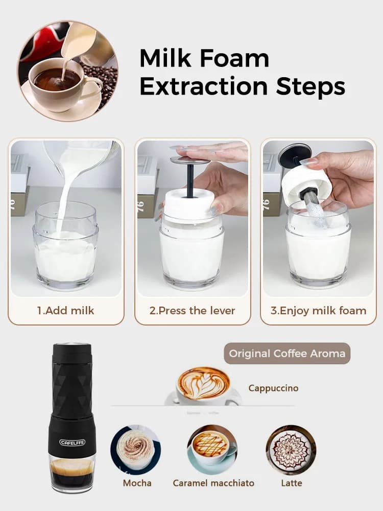 آلة قهوة محمولة 3 في 1 من Cafelffe، صانع إسبريسو يدوي للماء الساخن والبارد، مناسبة للكبسولات والقهوة المطحونة، مثالية للسفر والمشي - 3
