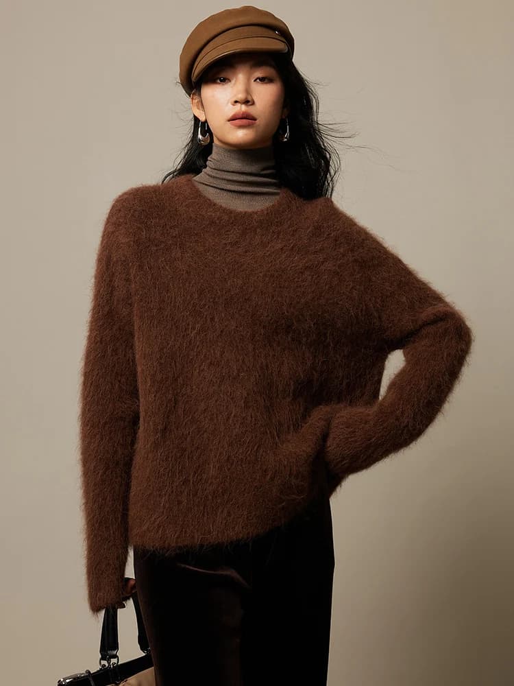 SuyaDream Warm Alpaca Pullovers for Woman, Dropped Sleeved Loose Sweaters, 2025 Fall Winter Top, Camel, Beige - 5