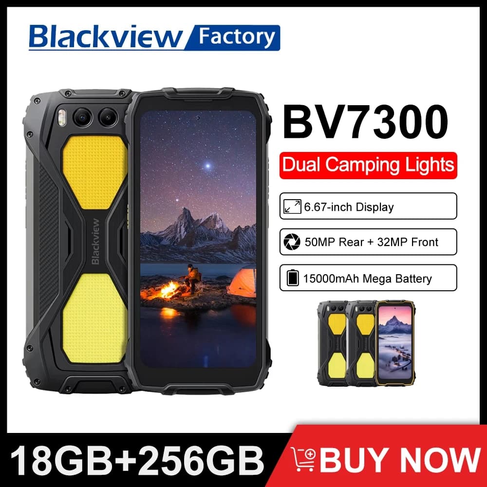 هاتف بلاكفيو BV7300 الذكي المتين 18 جيجابايت (6+12) 256 جيجابايت، معالج Helio G81 ثماني النواة، بطارية 15000 مللي أمبير، إضاءة تخييم مزدوجة، NFC أندرويد 14
