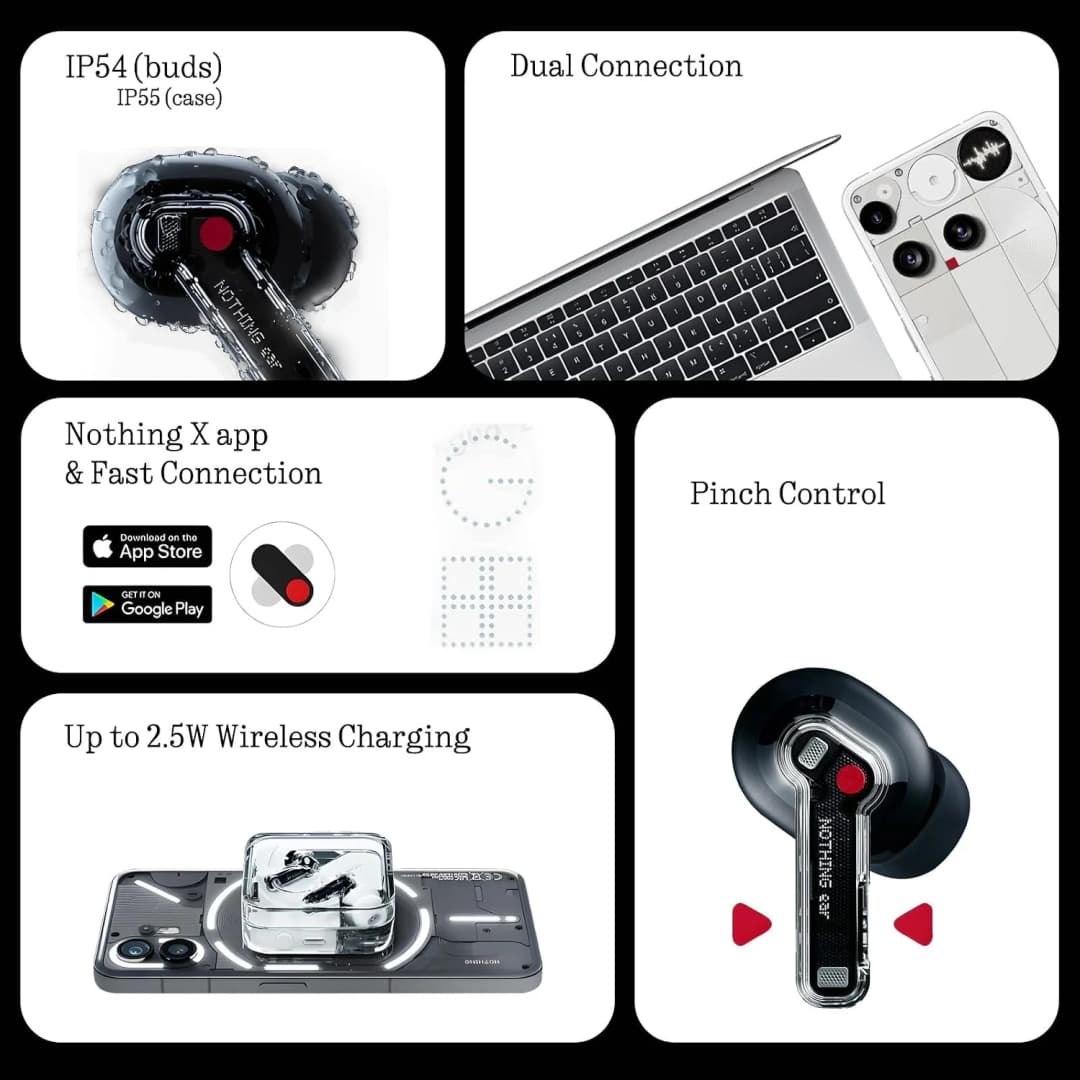 سماعات أذن لاسلكية Nothing Ear بتقنية Bluetooth وإلغاء الضوضاء النشط ومقاومة للماء IP54 مع وقت تشغيل 36 ساعة - 6
